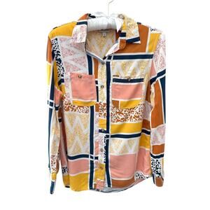 ANTHROPOLOGIE The Odells Patchwork Geo Print Button Up Shirt Boho Retro | XS